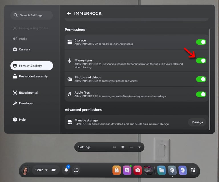 Enable IMMERROCK microphone permissions by going to Quest Headset settings > Privacy & Safety > Installed Apps > IMMERROCK